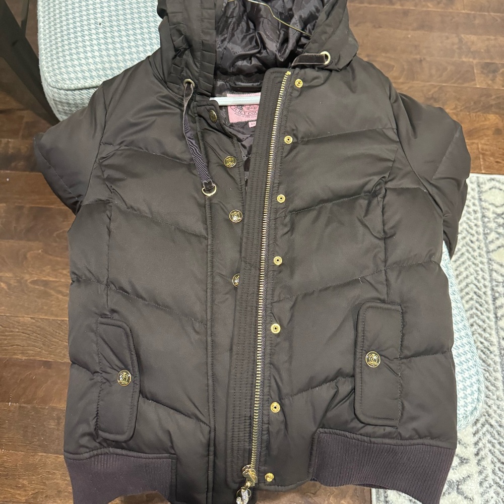 Juicy Couture Short Puffer Jacket with Hood in Chocolate Brown- Size Youth M